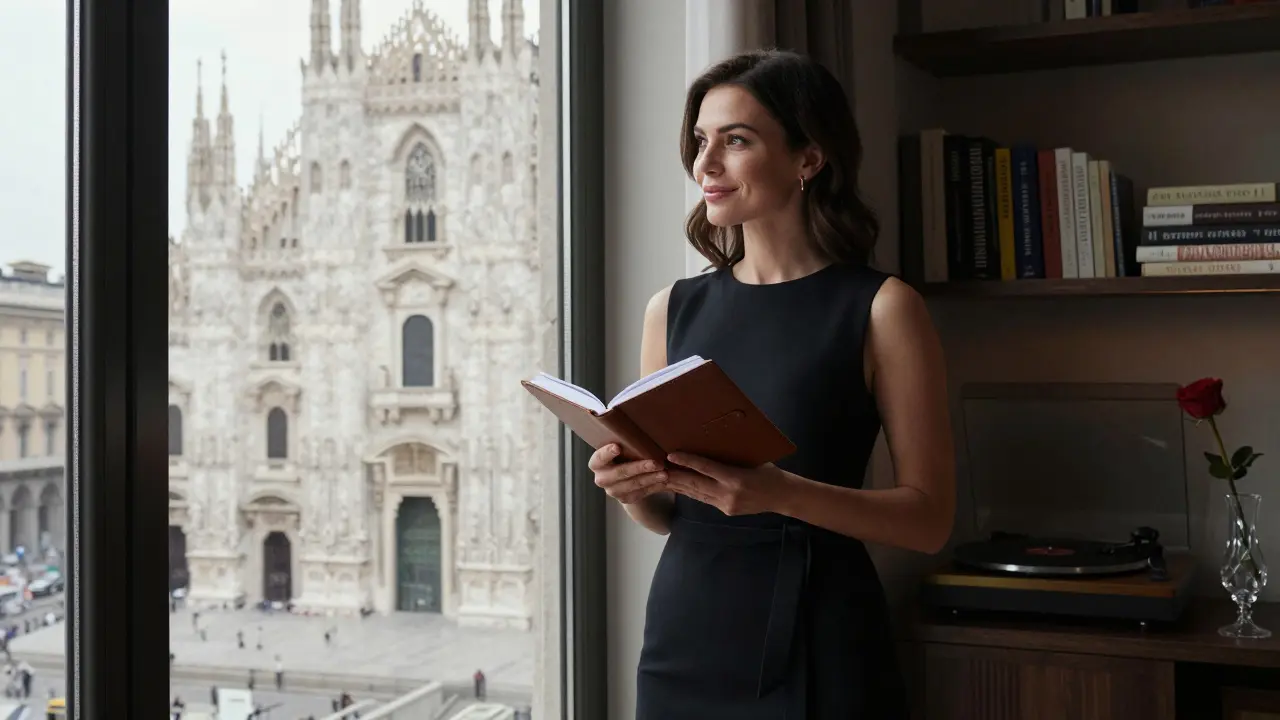 An elegant woman in a black dress in a refined Milan room, holding a notebook, surrounded by art and music, radiating poise and emotional awareness.