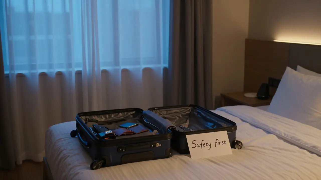 An empty five-star hotel room with suitcase open and a note saying 'Safety first,' symbolizing responsible choice.