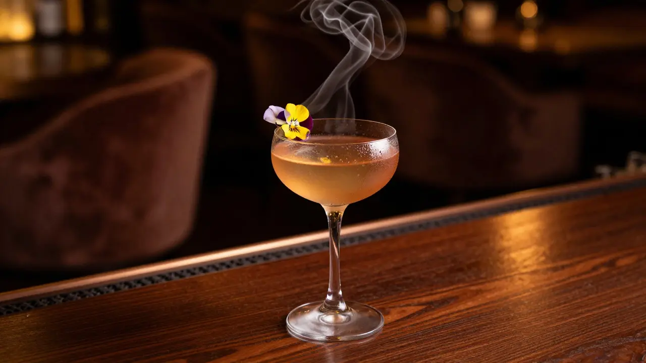 Artistic craft cocktail with smoke on a dark wood bar counter.