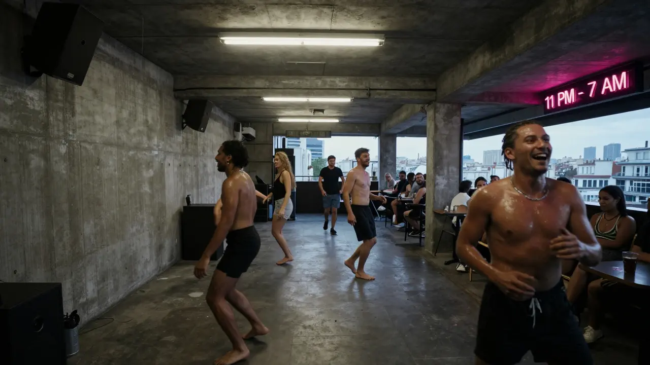 Barefoot revelers dancing in a raw concrete warehouse club with open-air terrace and Paris skyline behind them.