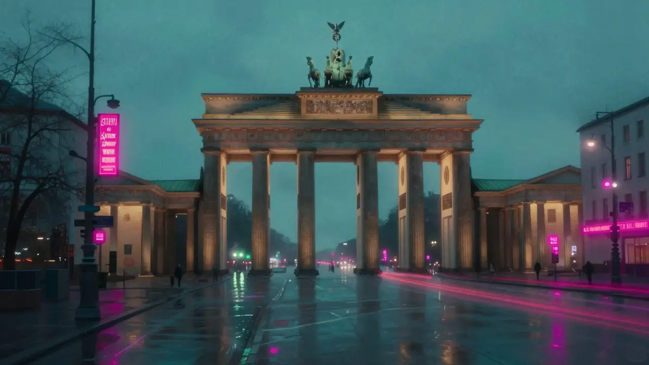 Berlin skyline blending historic and modern neon lights.