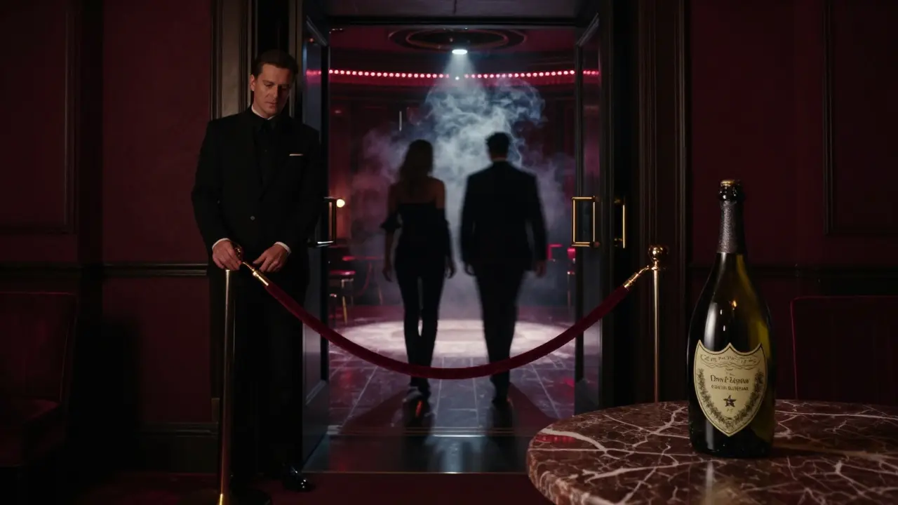 Cavallino nightclub entrance at midnight, velvet rope, dim lighting, bouncer nodding as couple enters.