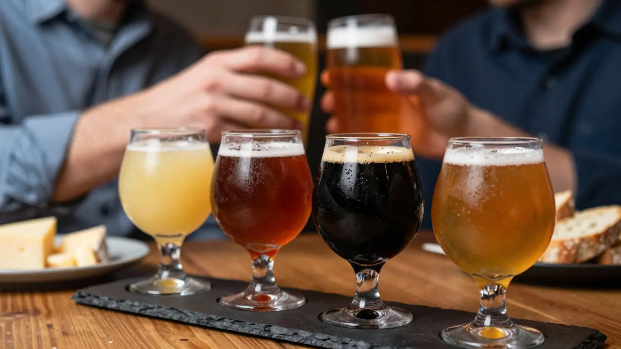 Close up of four beer tasting flight glasses on a dark table