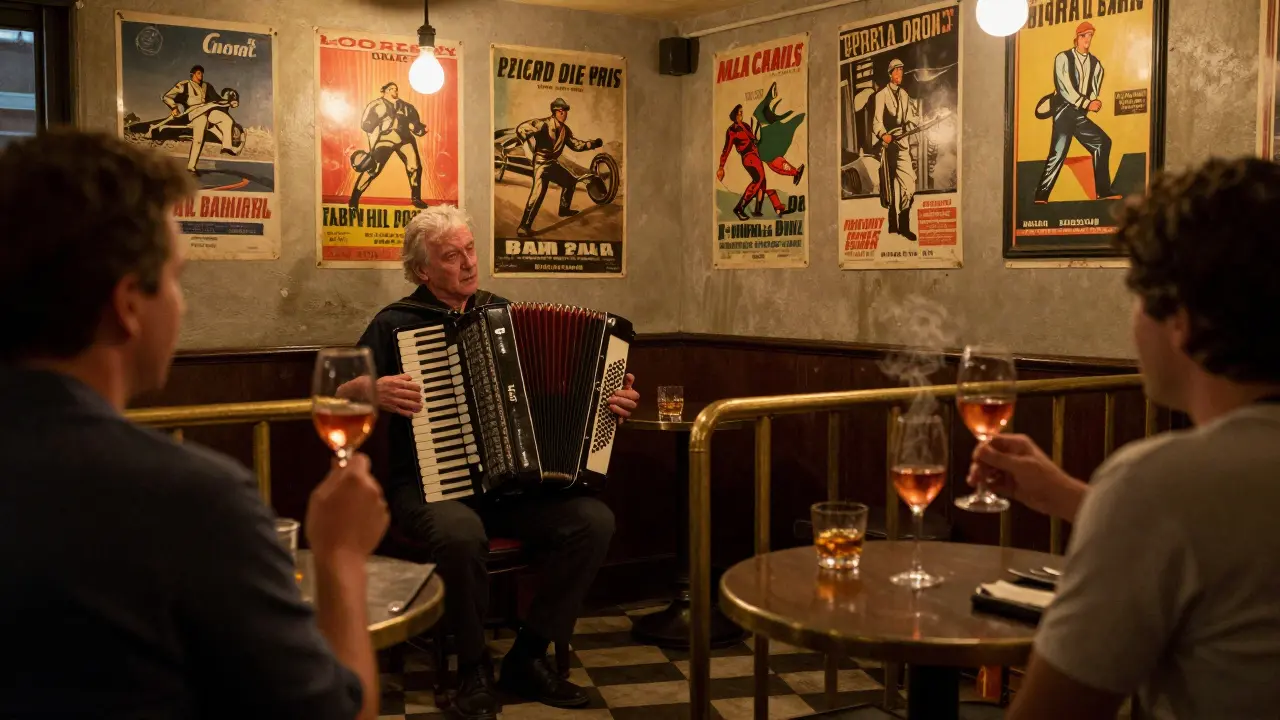 Cozy bar scene at Bar du Port with an accordion player performing under soft light, patrons enjoying rosé.