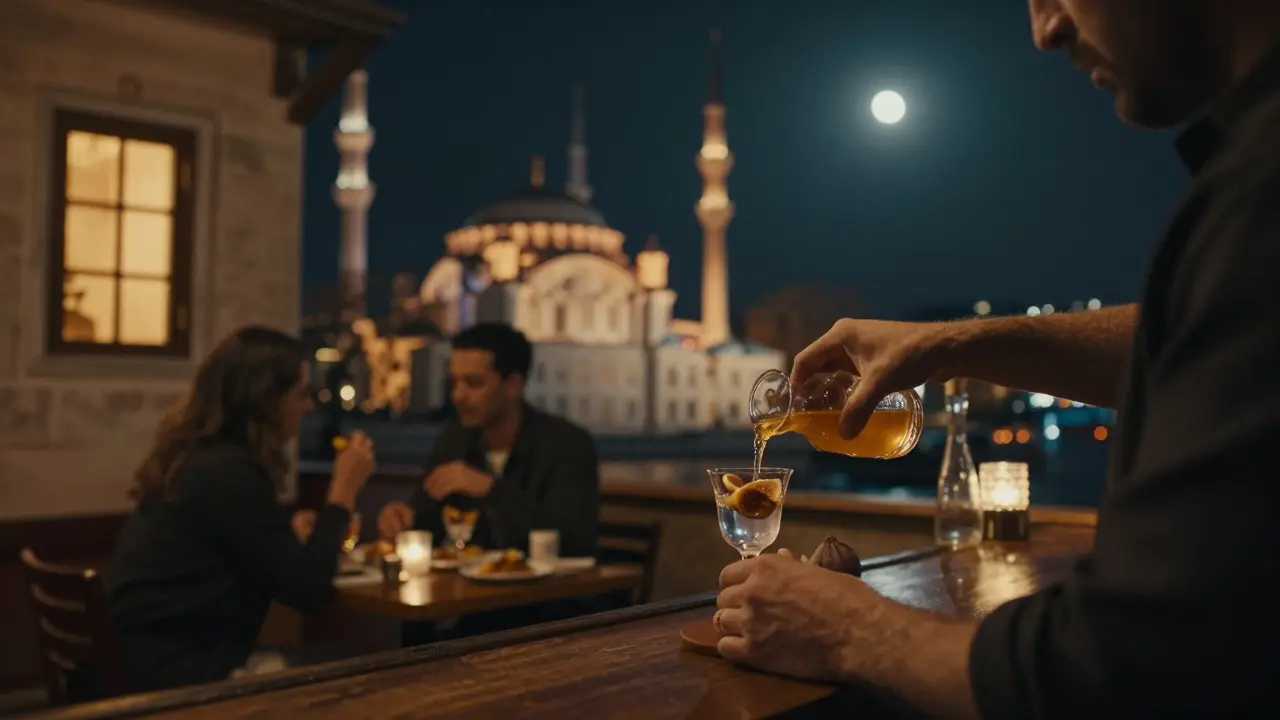 Cozy Bozca bar behind Ortaköy Mosque at night, serving raki with figs and honey in soft amber light.