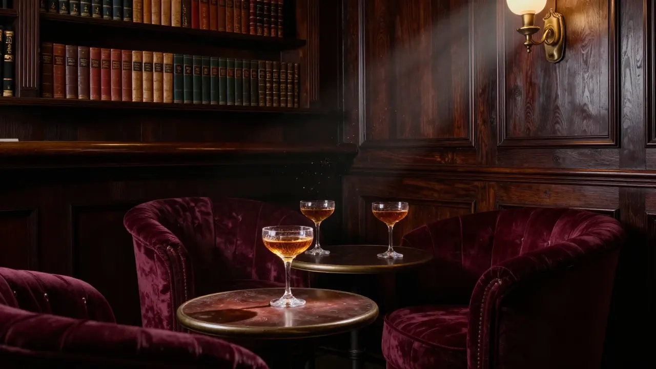 Dark wood speakeasy interior with velvet seats and vintage cocktail glasses.