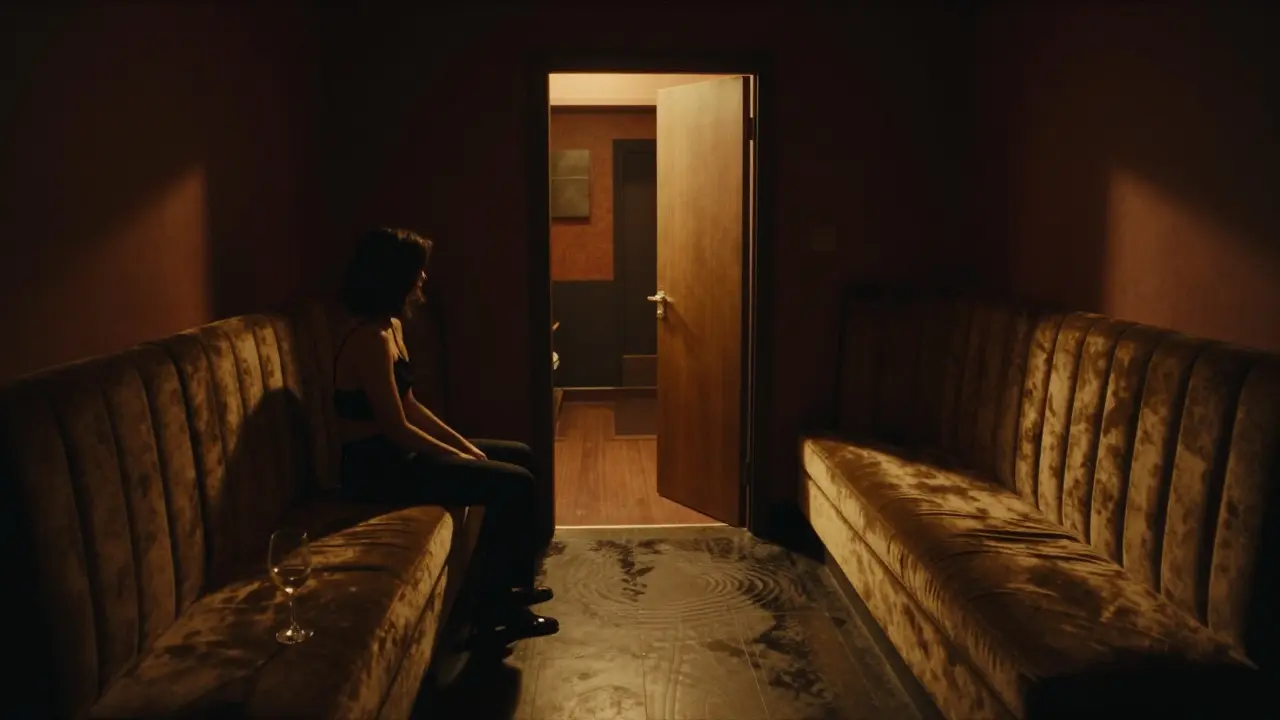 Dimly lit velvet booth at Club 55, a lone dancer immersed in music, no phones or flash, only shadow and sound.