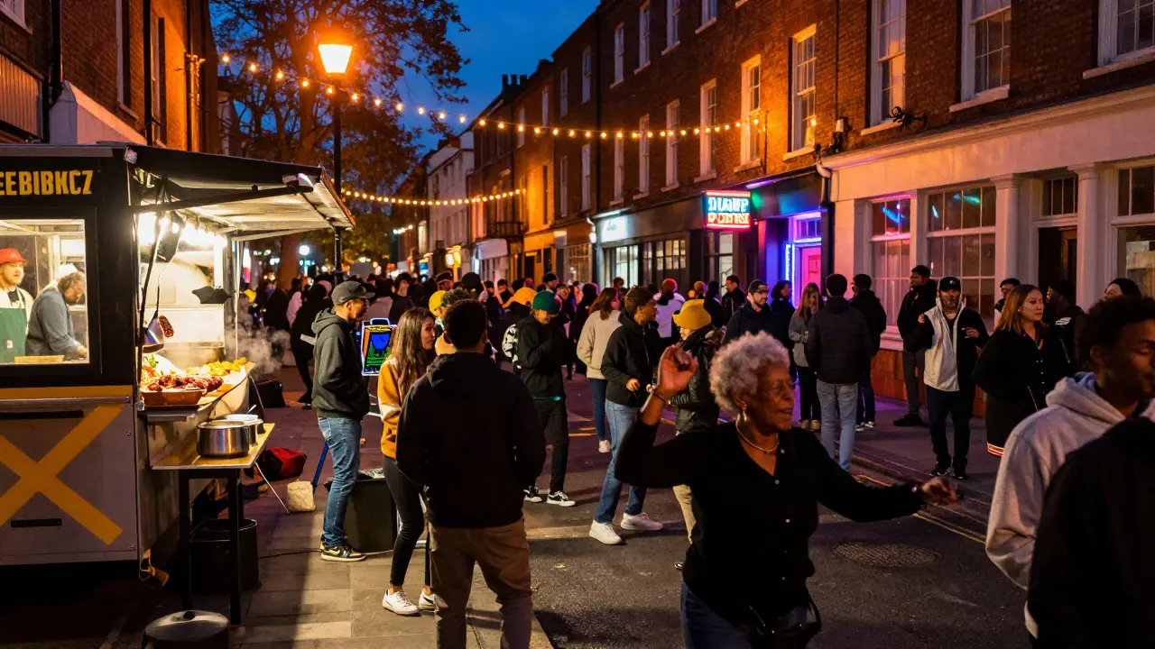Diverse crowd dancing in a vibrant street market at midnight with food trucks and live music in Brixton.