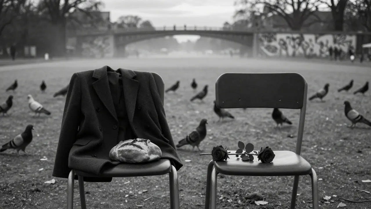 Empty chairs in Tiergarten with a loaf of bread and a red rose, pigeons flying away as fog rolls in at dusk.