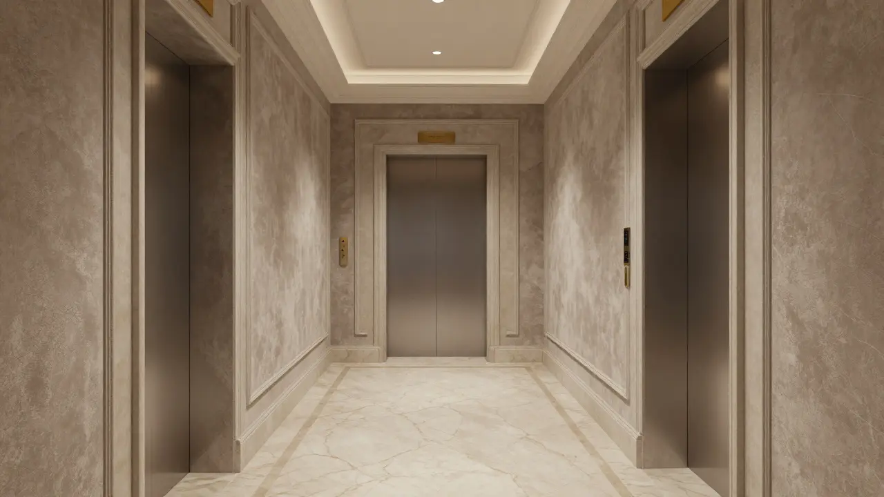 Empty luxury hotel hallway with marble floors and soft lighting.