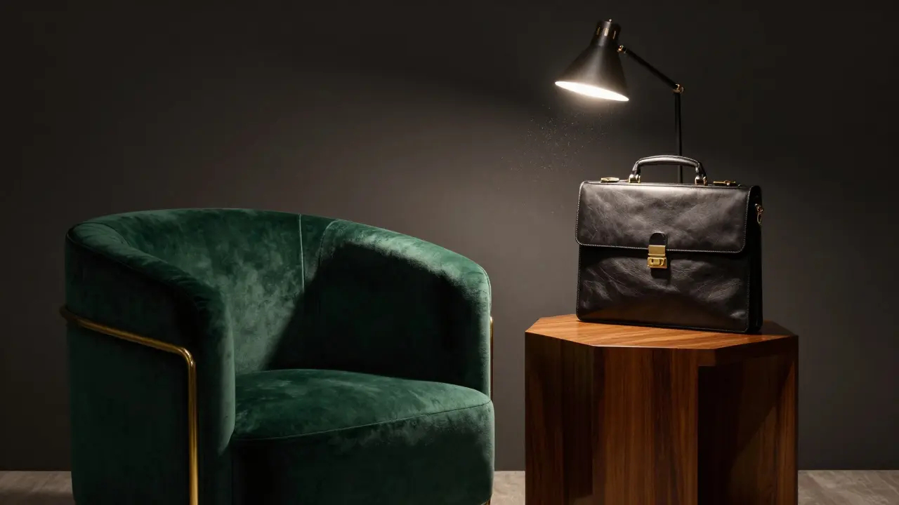 Empty luxury lounge chair and briefcase on table