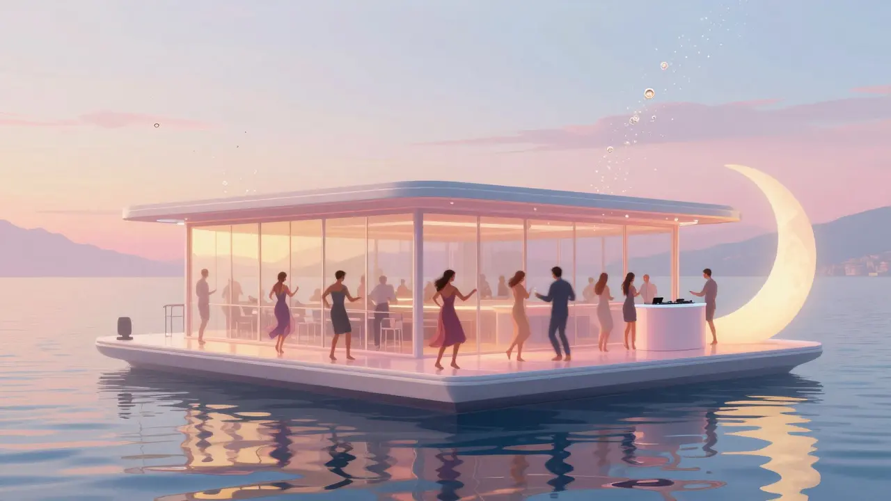 Floating Yacht Club at dawn, guests dancing on swaying deck as sunrise reflects off glass walls.