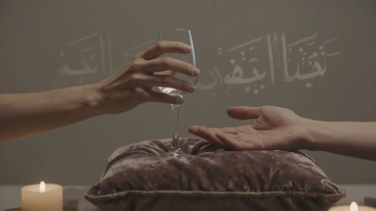 Hands gently touching a wine glass and velvet cushion, with faint translucent calligraphy fading into mist, symbolizing silent emotional connection.