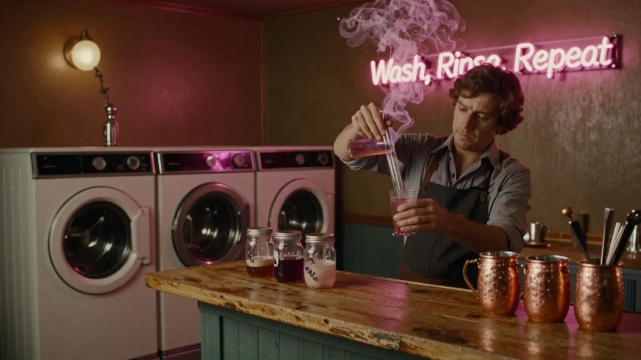 Hidden bar with vintage washing machines and neon signs, lavender smoke rising from a test tube cocktail.