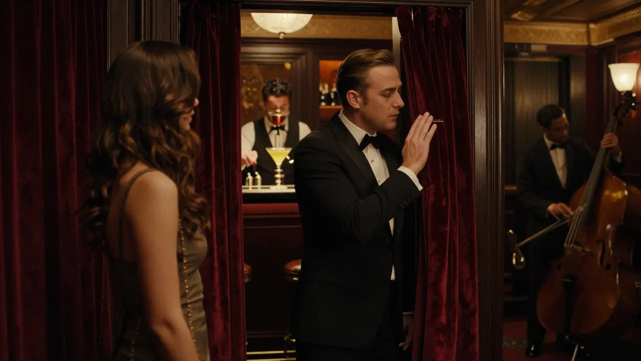 Hidden entrance to an exclusive jazz bar, a doorman whispering a code to a guest in dim amber lighting.