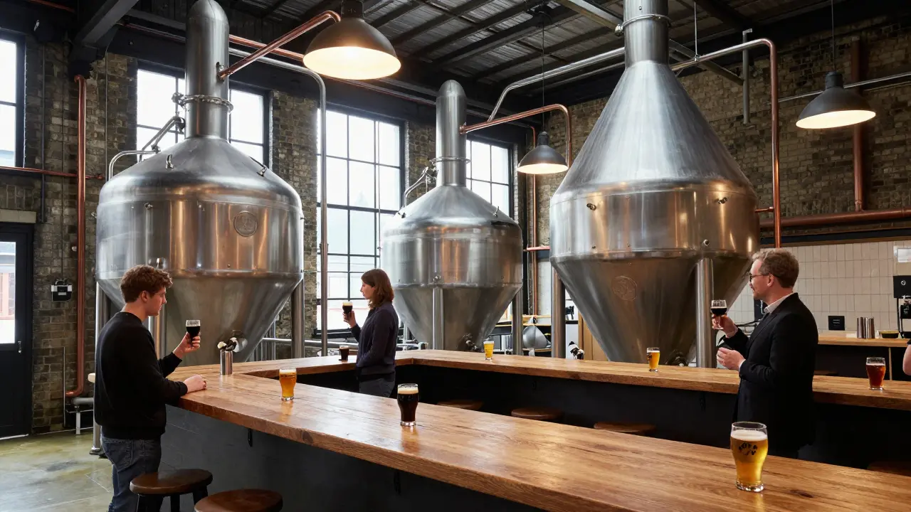 Industrial brewery warehouse with large tanks and tasting counter