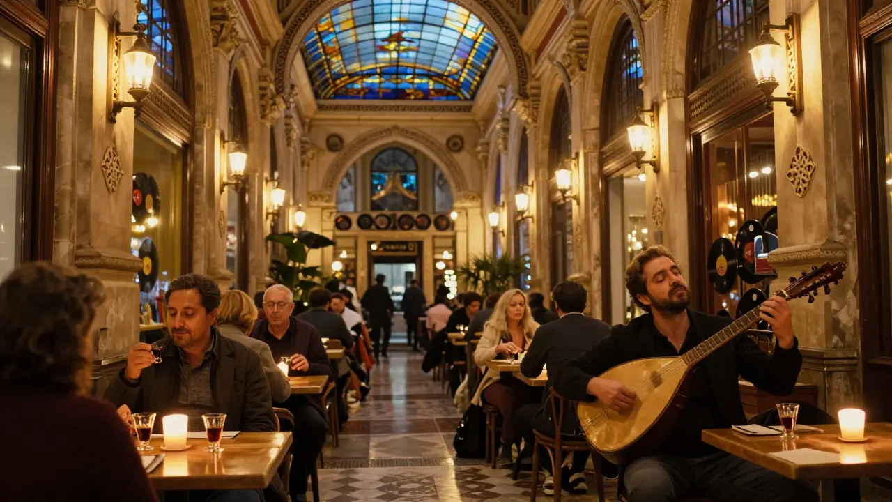 Inside Çiçek Pasajı at night, candlelight reflects off stained glass as people sip raki and a saz musician plays amid vintage vinyl records and Ottoman woodwork.