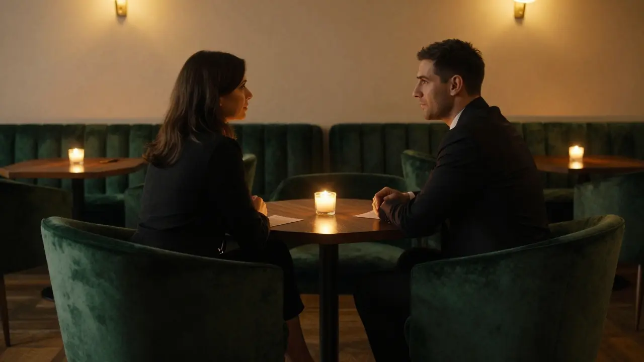 Intimate conversation in a discreet hotel lounge.