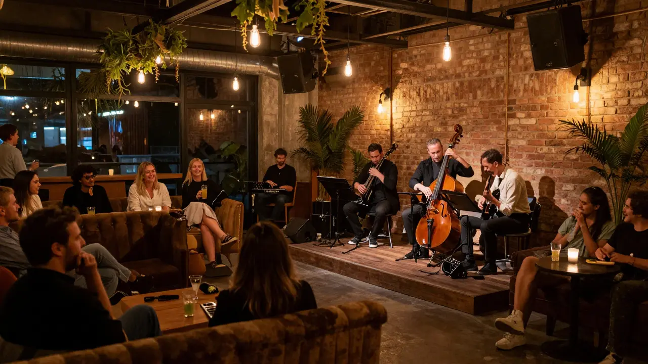 Intimate jazz performance in an industrial space with warm lighting and relaxed guests.
