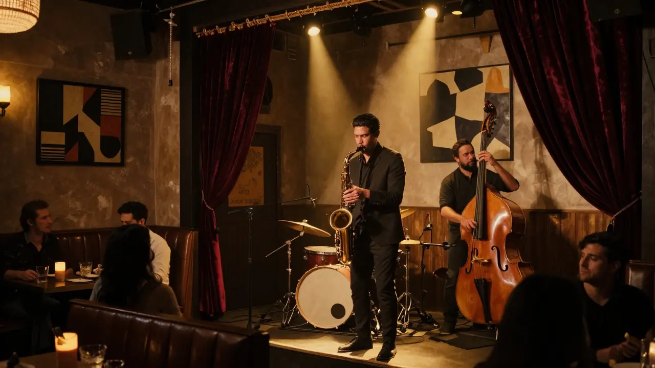 Jazz trio performing in dimly lit intimate club setting