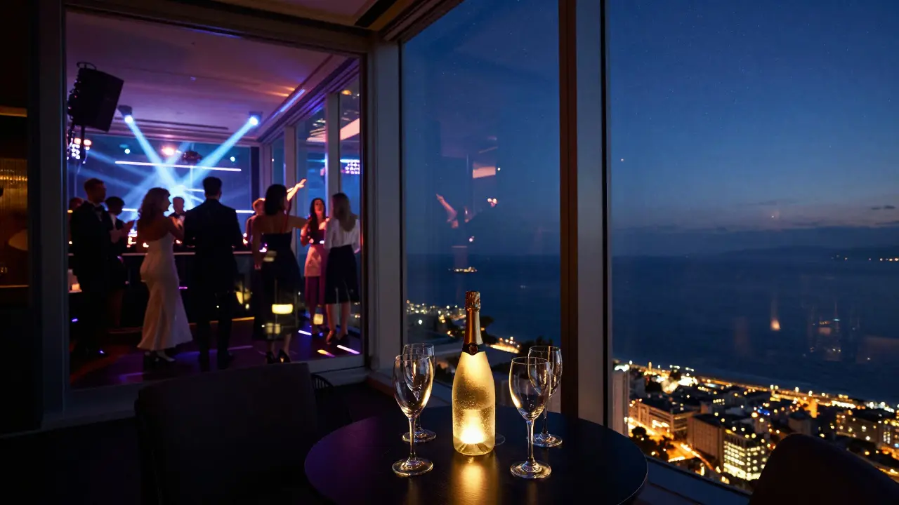 L’Aqua rooftop nightclub glowing above the Mediterranean with dancers and champagne under starry skies.