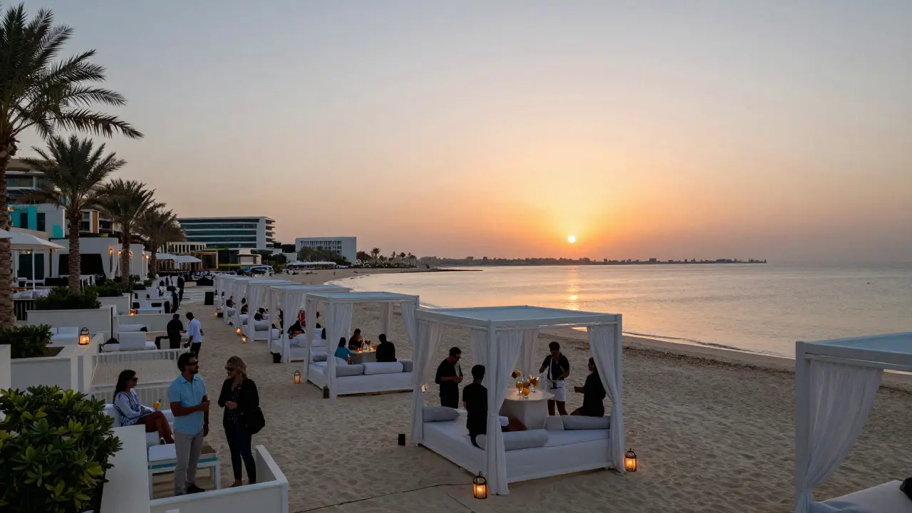 Luxury beach club cabana by sea at sunset