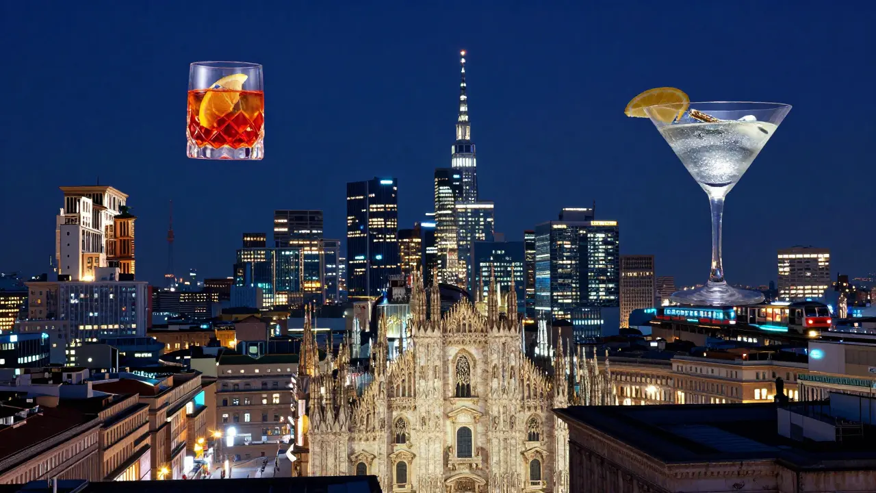 Milan’s rooftops glowing at night with floating cocktails reflecting the city’s nightlife culture.