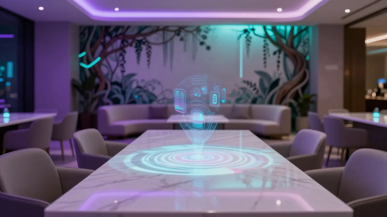 Modern lounge table with glowing holographic projections and digital lighting.