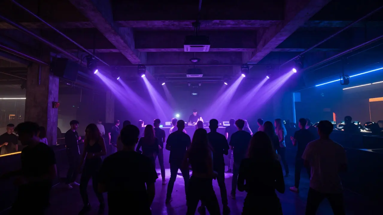 People dancing in a large industrial club with neon stage lights.