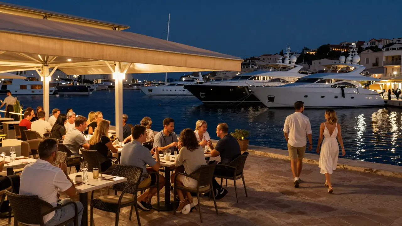 Port Hercules marina at night with yachts and outdoor dining terraces.