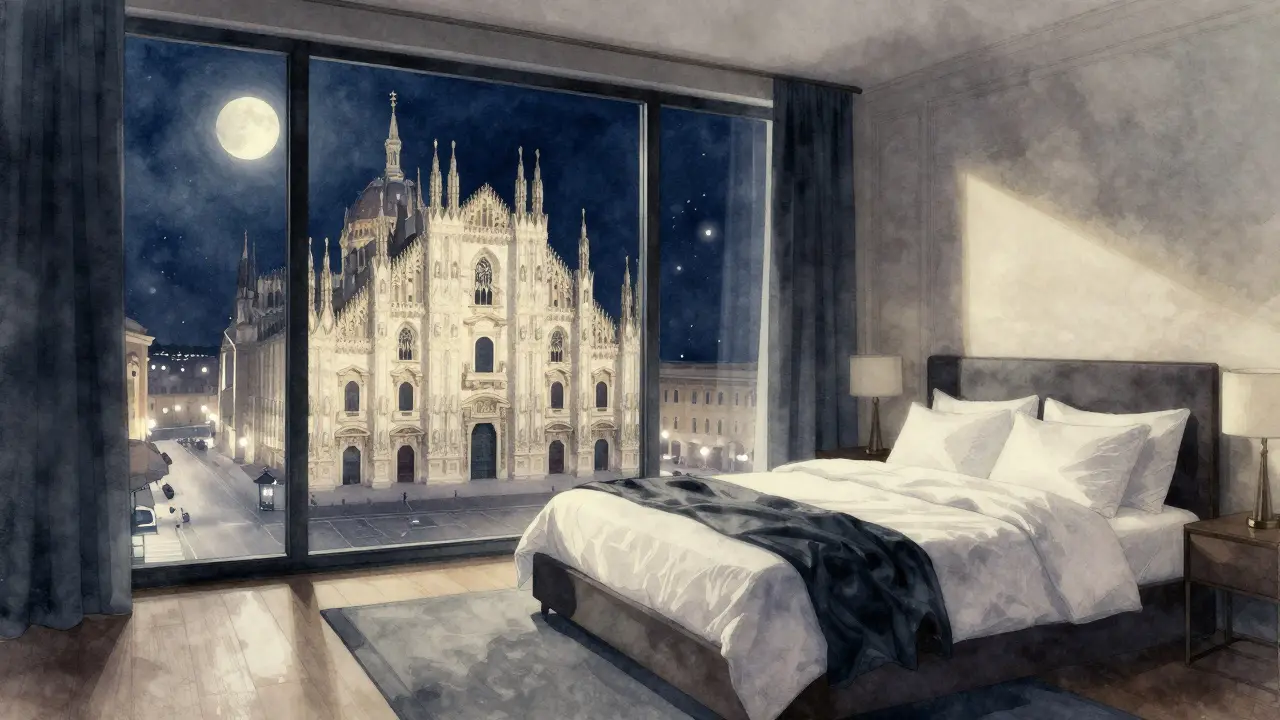 Private hotel suite view of Milan Duomo at night.