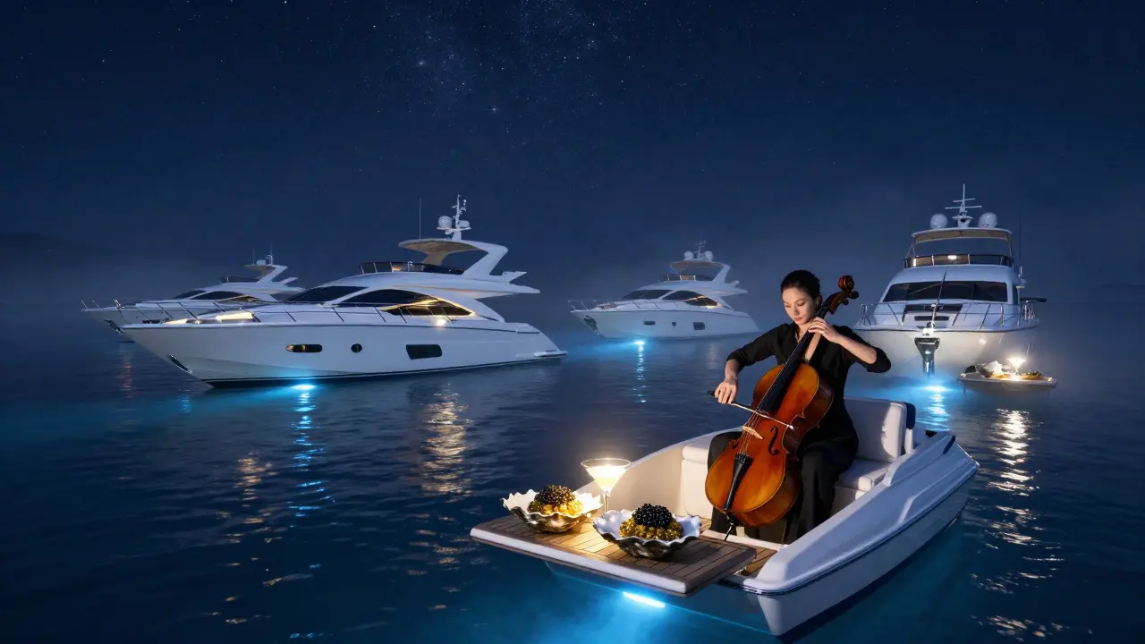 Private yachts floating at night with underwater lights and a cellist playing on deck.