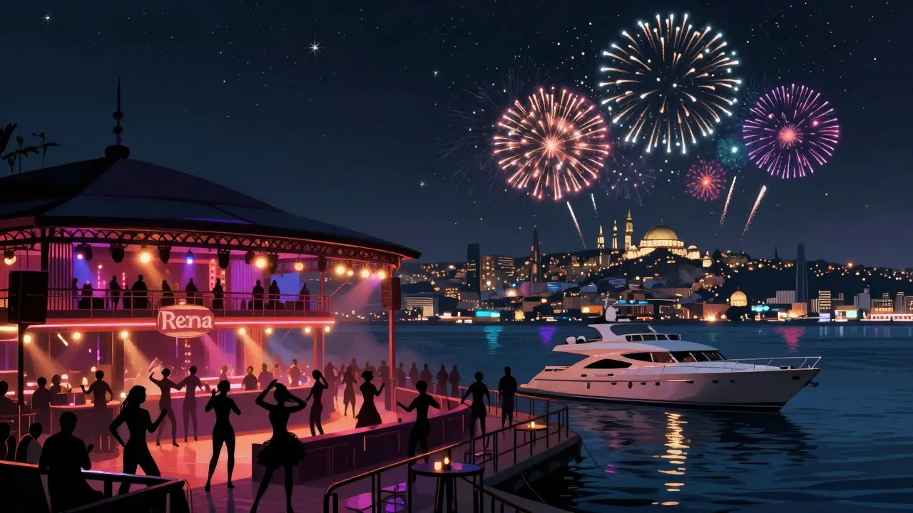 Reina nightclub on the Bosphorus under starry skies, dancers silhouetted against vibrant lights and a glowing city skyline.
