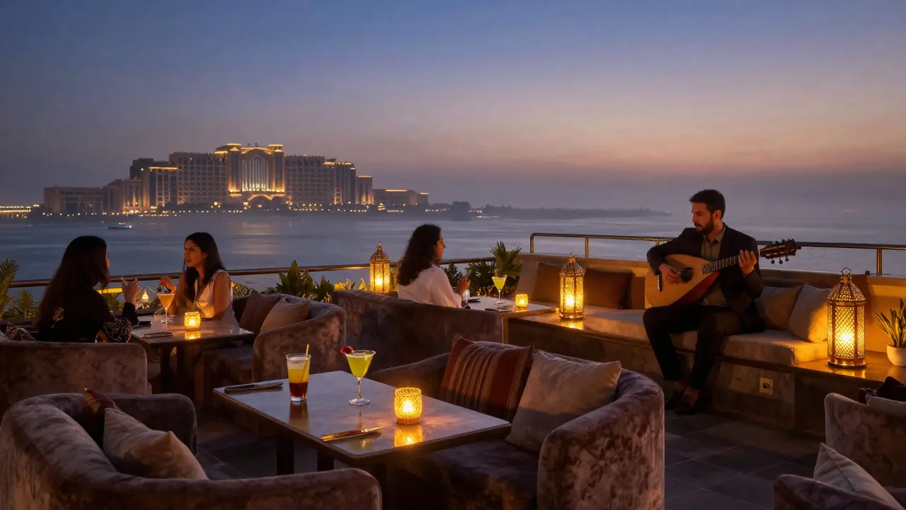 Rooftop bar at sunset with oud musician and guests sipping crafted cocktails.