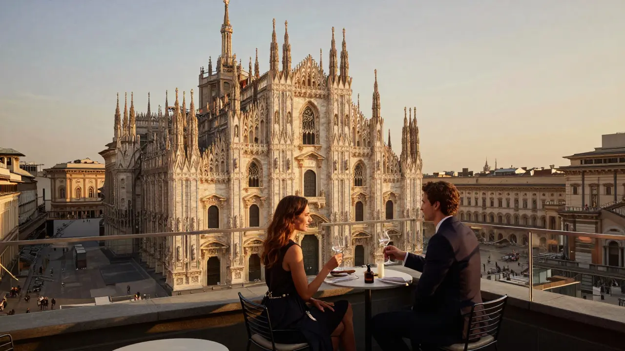 Rooftop bar at sunset with views of Milan’s cathedral and elegant guests raising glasses.
