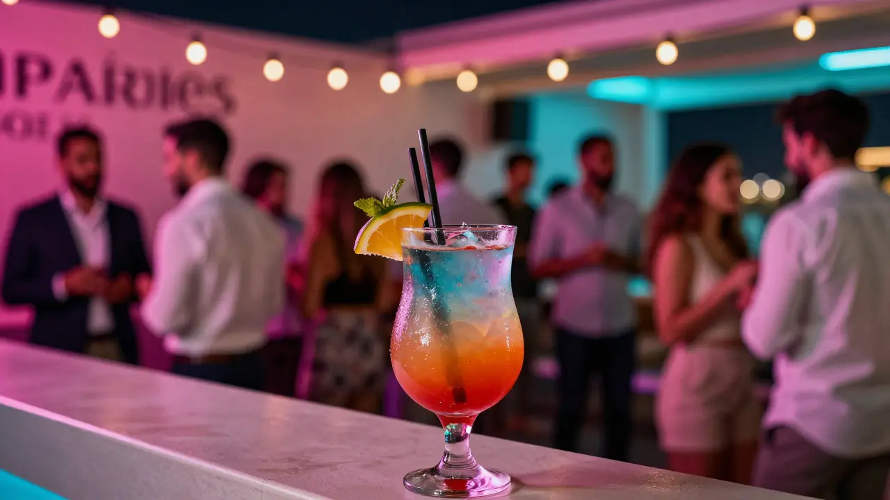 Rooftop lounge with cocktail and blurred party crowd.