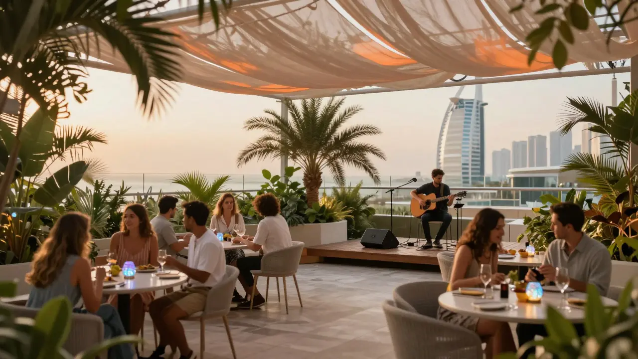 Soho Garden terrace with musicians and diners under palm-fringed canopy