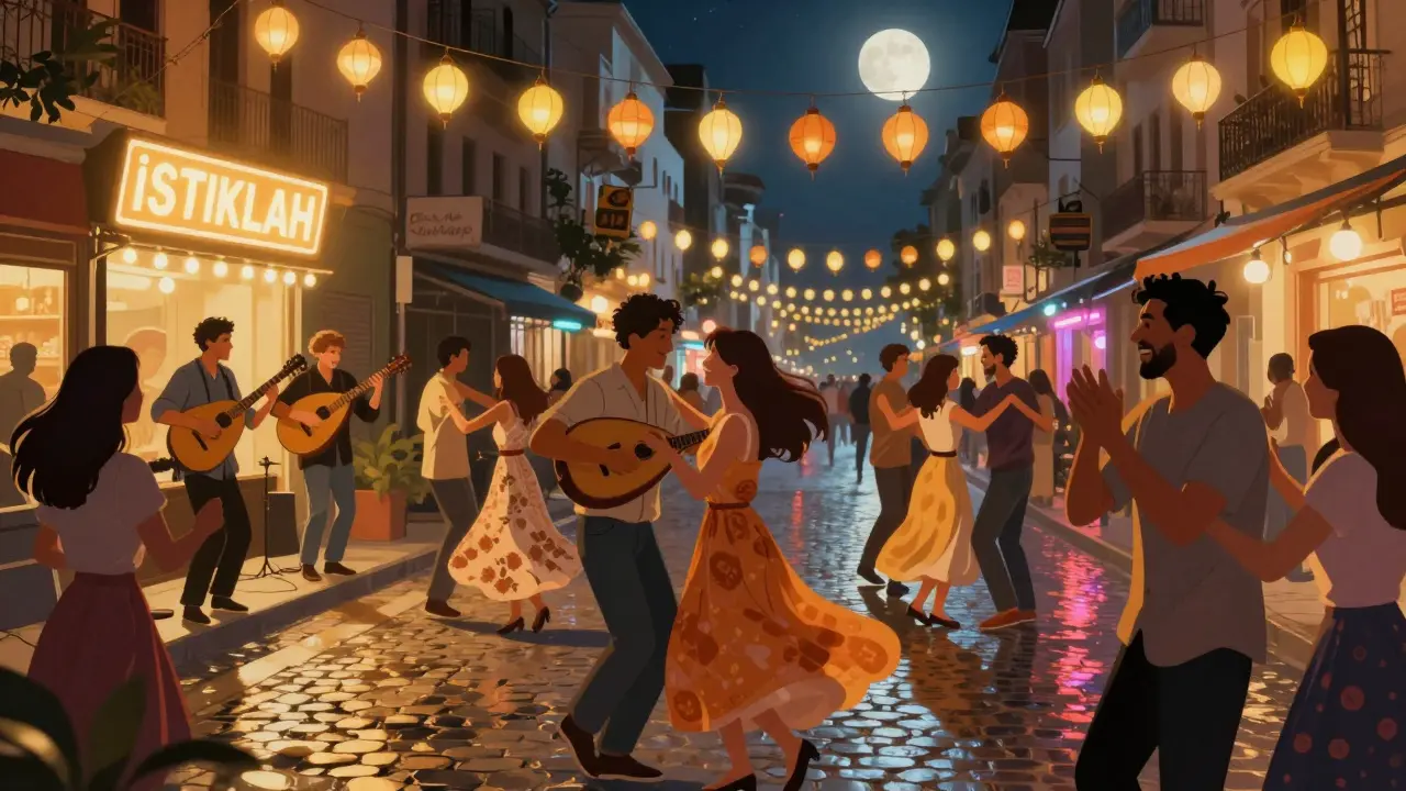 Strangers dance in a circle on İstiklal Avenue at midnight, live musicians playing oud under glowing tram lights.