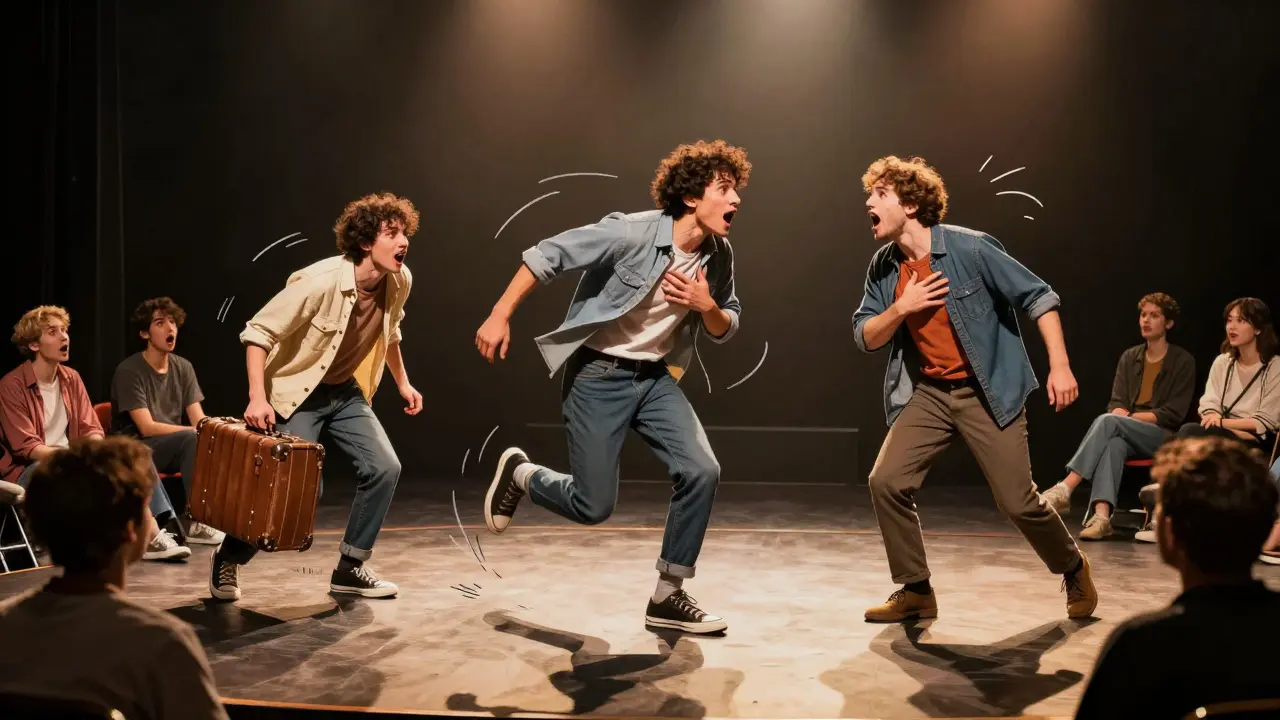 Three improv performers reacting dramatically on stage as the audience watches in astonishment.