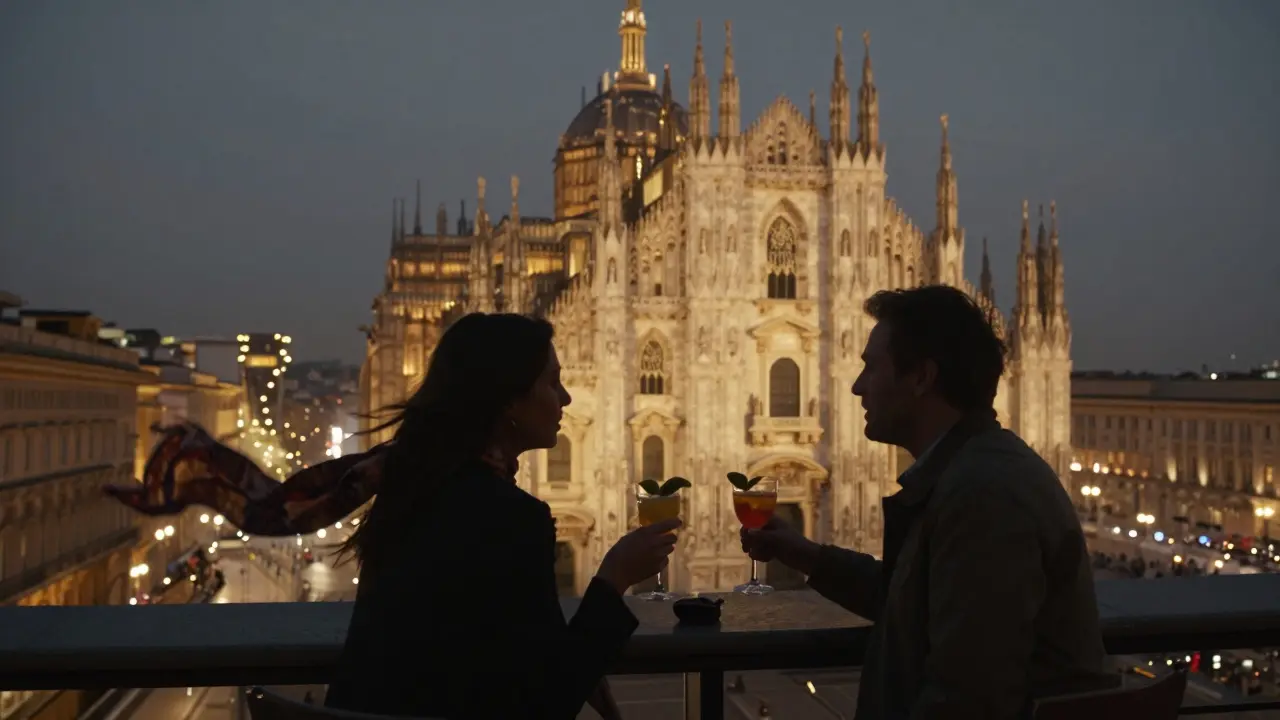 Two figures on a rooftop terrace at dusk, overlooking Milan’s Duomo with cocktails in hand, city lights glowing below.