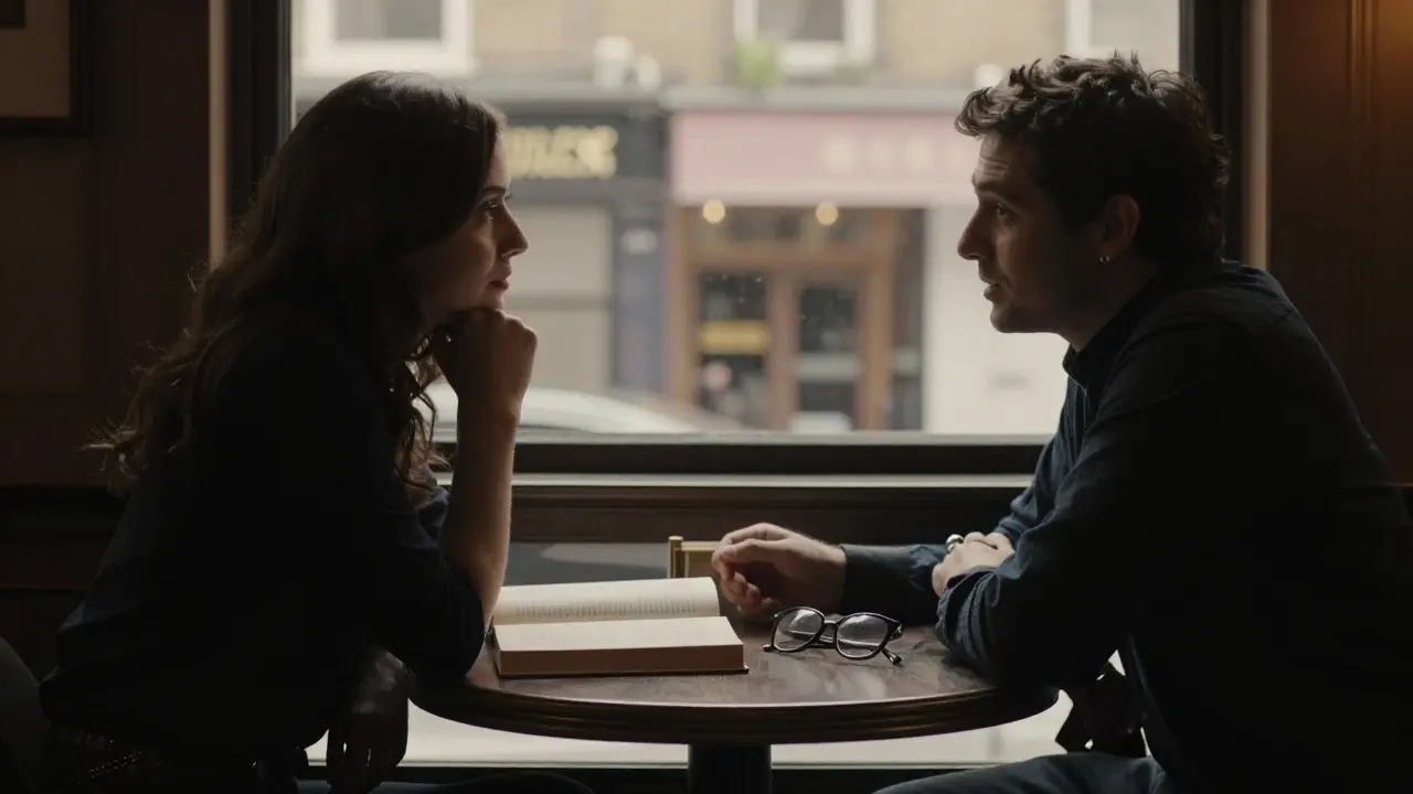 Two people engaged in a thoughtful, intimate conversation in a London café, emphasizing emotional connection.
