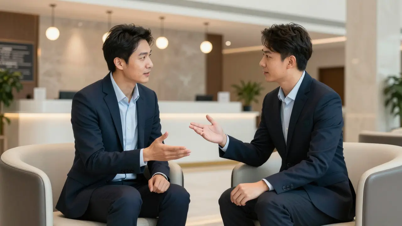 Two people having professional conversation in office lobby