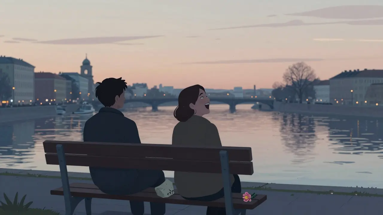 Two people on a riverside bench at dawn, one laughing, the other gazing at the water, a flower and paper bag between them.