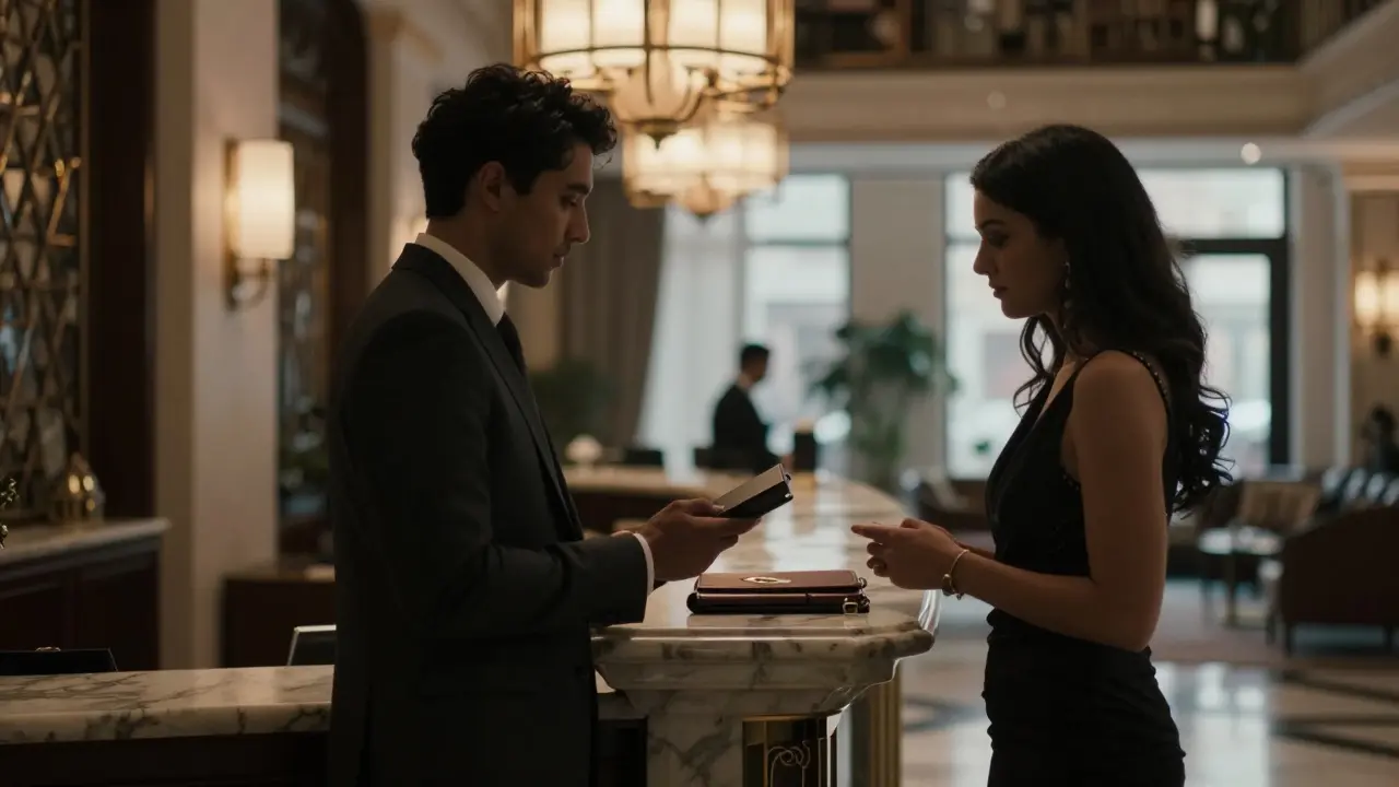 Two professionals meeting in a hotel lobby