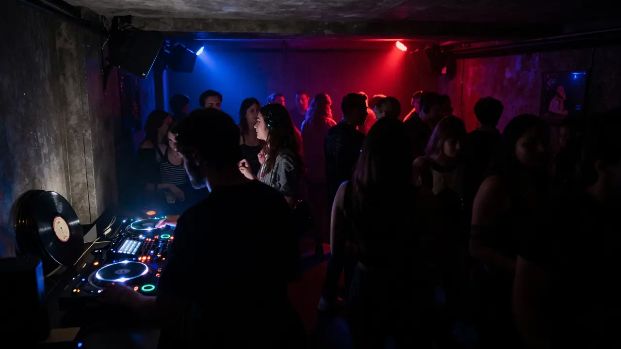 Underground club with pulsing lights and a crowd dancing to techno in a concrete basement, no dress code or bouncers.