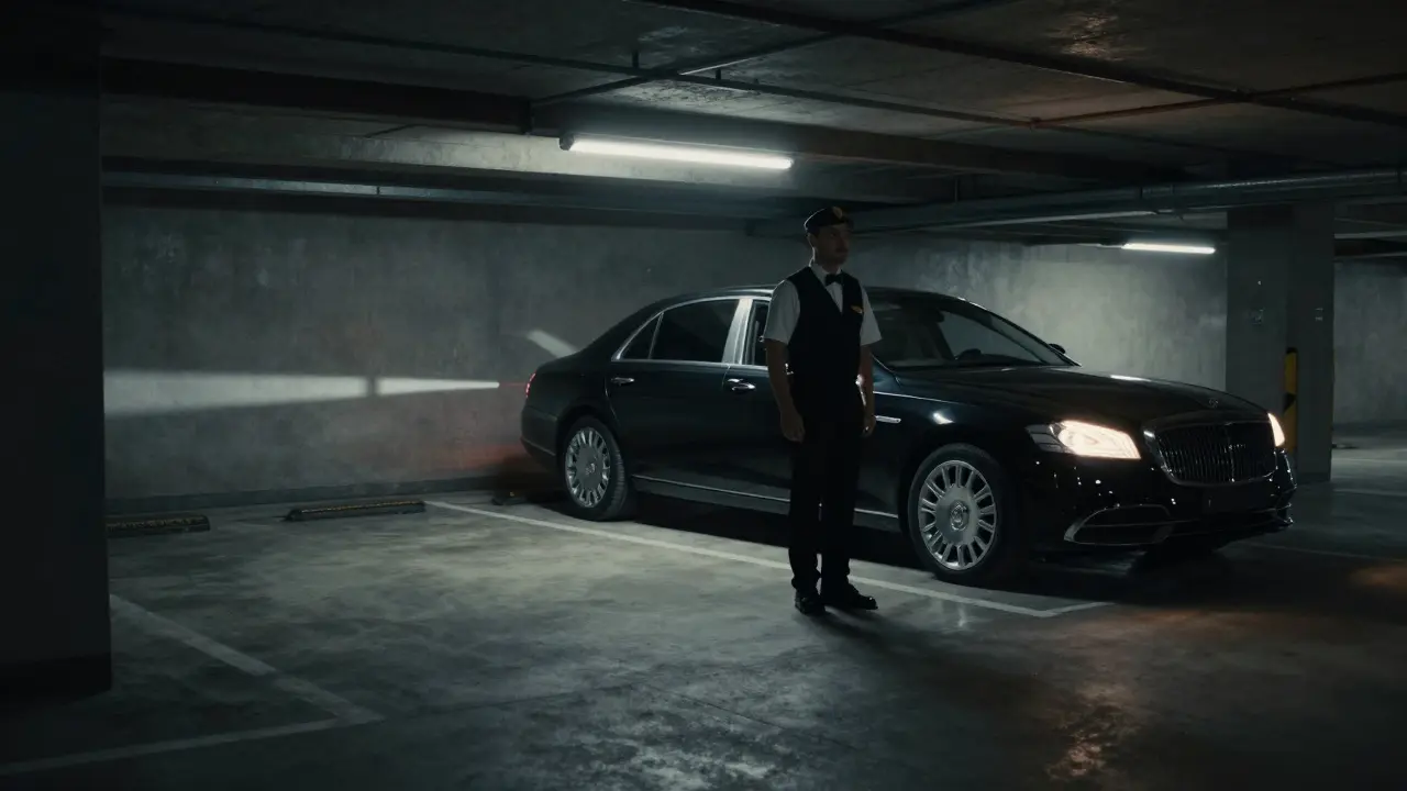 Valet standing alone in a dim underground parking garage.